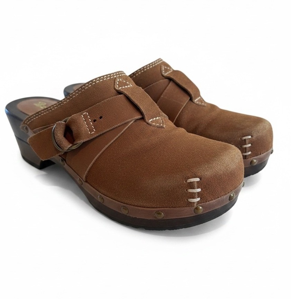 Skechers Clogs 7‎ Tan Suede Wooden Platform Studded Buckle Mules Boho Retro